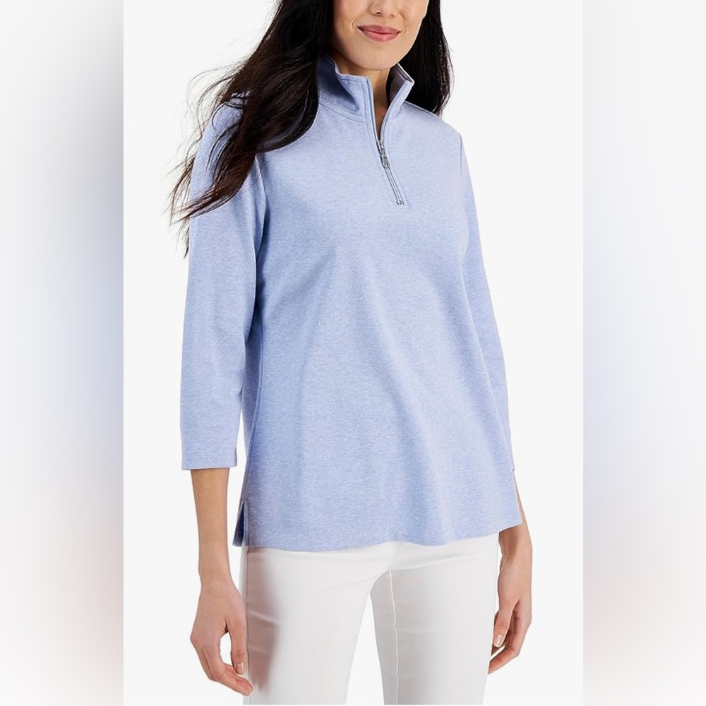 (L) $36.50|Karen Scott Cotton Quarter Zip-Neck, Light Blue Heather